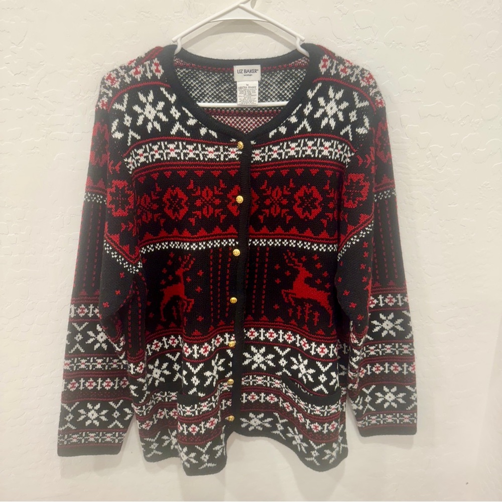 Liz Baker Cardigan Sweater Womens 1X Red Black Chunky Knit Winter Christmas